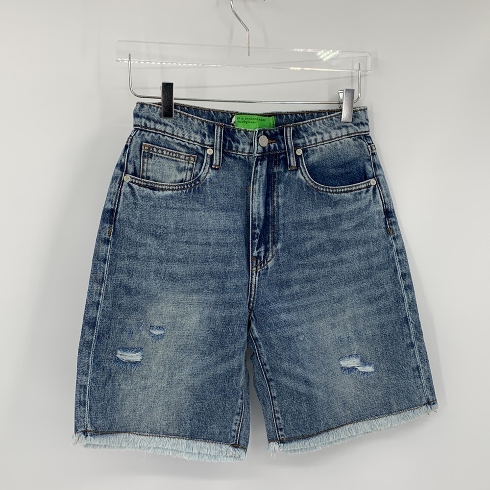 Sandrine Rose cut-off long denim jean shorts distressed frayed hem blue new 28